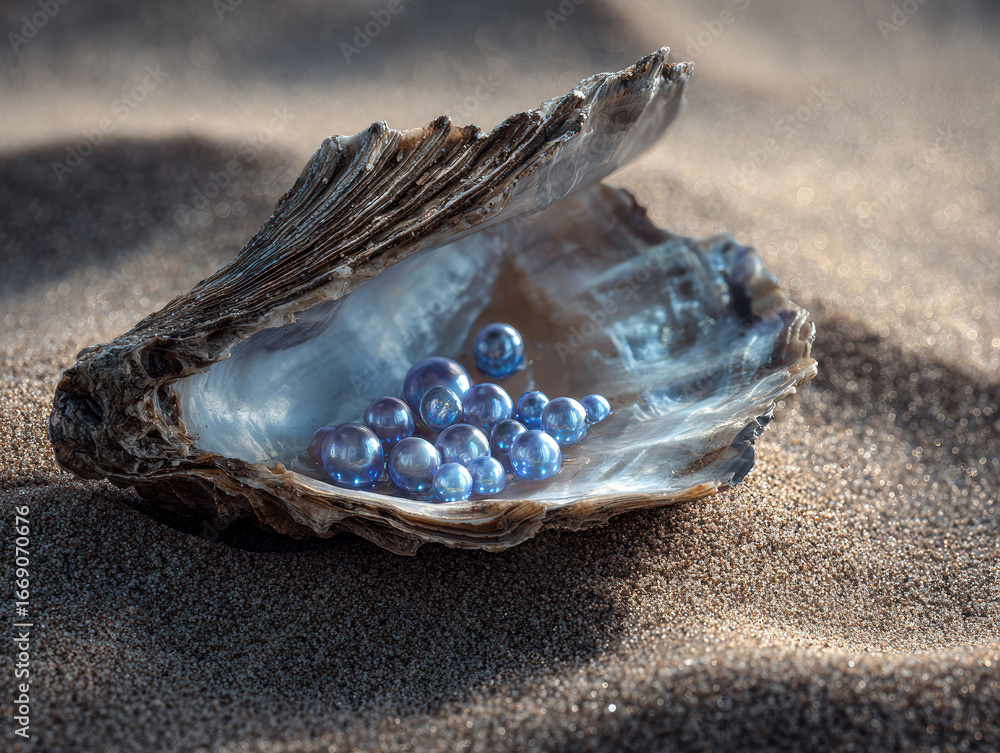 Poster natural scene with an open seashell filled with shades of blue and grey pebblespearls on sand, soft 