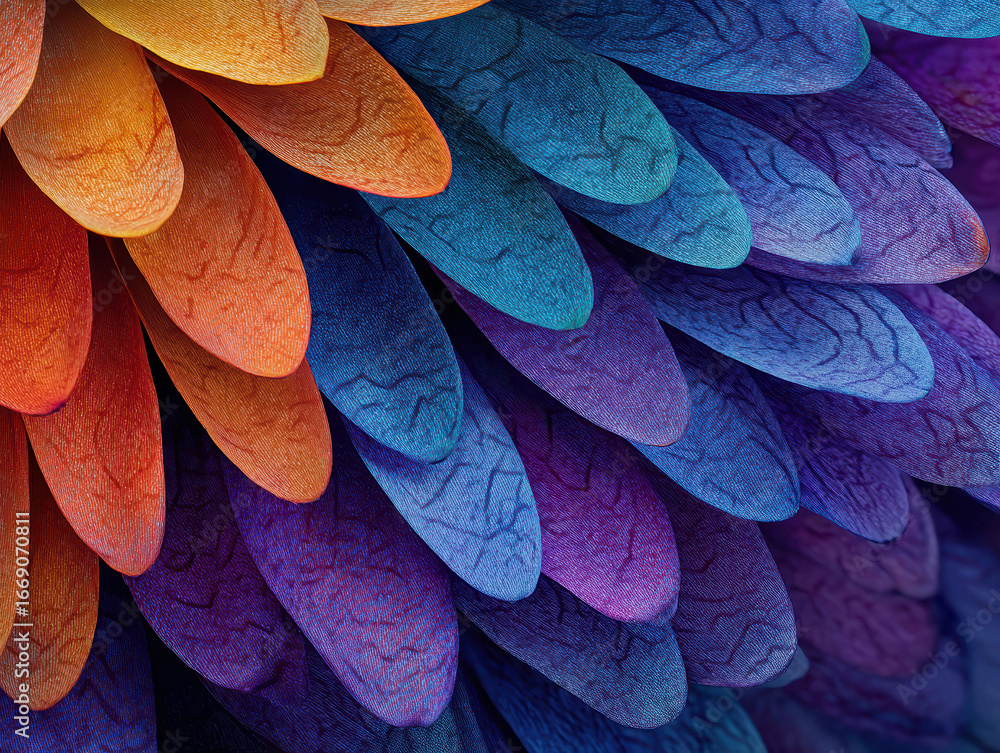 Aufkleber close-up of vibrant, iridescent feather displaying multiple colors blues, purples, reds, greens, wit