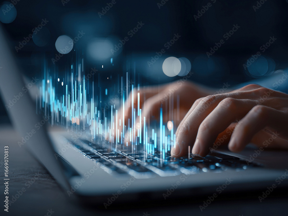Aufkleber a persons hands typing on a laptop keyboard with an abstract digital overlay of light particles from