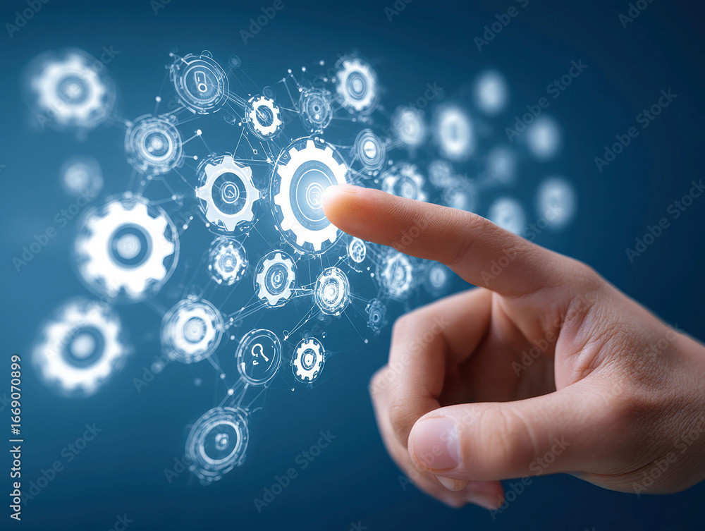 Aufkleber hand pointing towards floating gear graphics on a blue background, suggesting themes of technology o