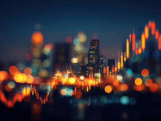 Night cityscape with tall, lit buildings reflecting on water volatility indicated by stock charts superimposed - AI-Generated