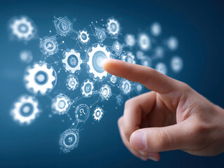 Hand pointing towards floating gear graphics on a blue background, suggesting themes of technology or digital processing Soft lighting gives a clean and professional appearance No tex - AI-Generated