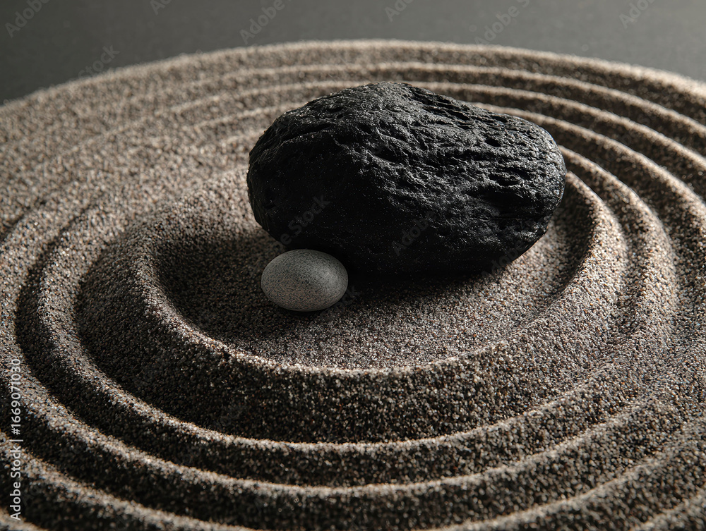 Aufkleber image of circular sand pattern with concentric circles, dark central sphere, and smaller white spher