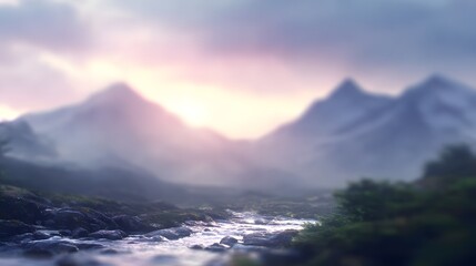 Fototapeta premium A tranquil mountain stream flows through a misty valley at dawn, bathed in soft, warm light.