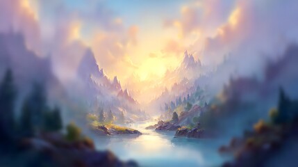 A serene mountain valley bathed in the warm glow of a sunrise, featuring a tranquil river winding through a misty landscape.