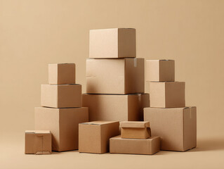 Close-up image of a stacked pile of cardboard boxes, arranged upright and flaps outward, against a light, textured backdrop No people or animals, neutral color palette, - AI-Generated