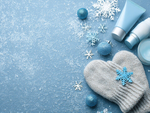 A collection of beauty products on a snowy backdrop, featuring white socks with heart patterns, a white cream jar with a pump dispenser, two small bottles amber, blue, soft lighting, - AI-Generated