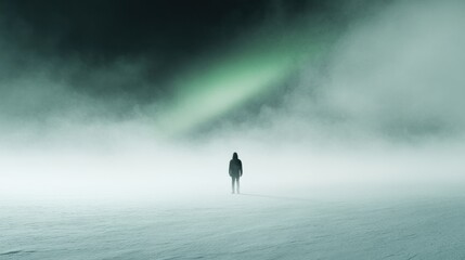 Solitary figure under majestic northern lights in a snowy landscape
