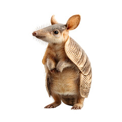 A curious and adorable armadillo stands alert on a clean white background, showcasing its unique armored shell.