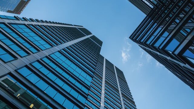 Wide angle hyperlapse shot of downtown high-rise glass skyscrapers on sunny day, financial district looking up tall modern architecture office buildings city center street, blue sky and white clouds