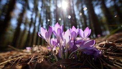 Delicate purple crocuses bloom in a sundappled forest clearing, their petals illuminated by the warm sunlight filtering through the trees