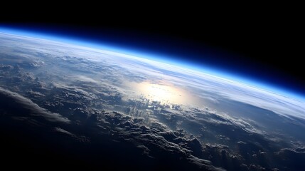 A breathtaking view of Earth from space, showcasing the planet's curvature and atmospheric layers, with clouds forming dramatic patterns.