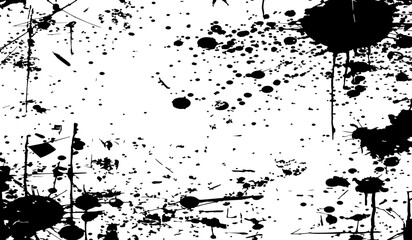 grungy abstract texture background with chaotic black ink splatters. scratches, and scattered stains on a white surface. The design feels raw, distressed, and messy.