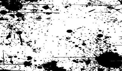 grungy abstract texture background with chaotic black ink splatters. scratches, and scattered stains on a white surface. The design feels raw, distressed, and messy.