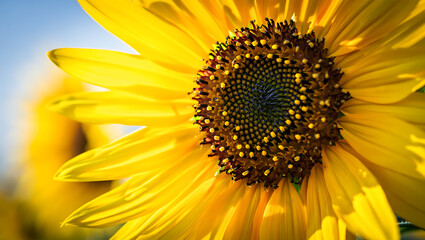 Obraz premium A closeup view of a vibrant yellow sunflower with its intricate center and bright petals against a soft blue sky