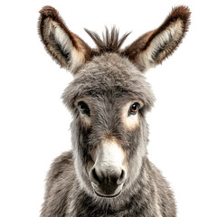 A curious donkey with large ears gazes directly at the camera with a gentle expression.