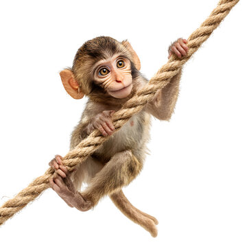 Adorable baby monkey swings playfully on a thick rope, eyes wide with curiosity.