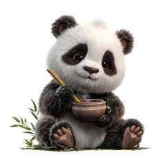 Adorable baby panda enjoys a tasty treat with a spoon, looking content.