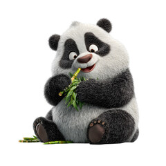 Adorable cartoon panda enjoys a healthy snack of bamboo with a happy expression.