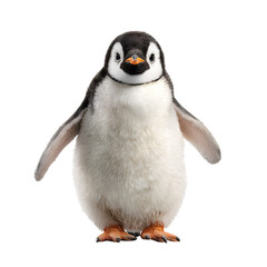 A fluffy baby penguin stands looking directly at the camera with its wings slightly outstretched.