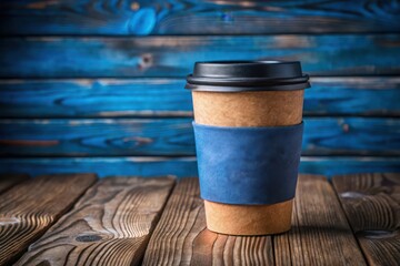 Naklejka premium A disposable coffee cup with a blue sleeve and black lid on a rustic wooden table against a blue wooden background
