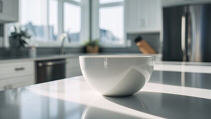 Empty bowl on modern kitchen island, sunlight streaming through windows.  Real estate listing photo