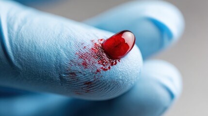 Closeup on patients fingertip showing fresh blood drop post fingerprick blurred gloved hand gently supporting finger in background.