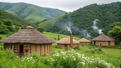 A collection of charming grass roofed huts sits amidst lush green hills with wisps of smoke rising hinting at warmth and activity in the serene landscape