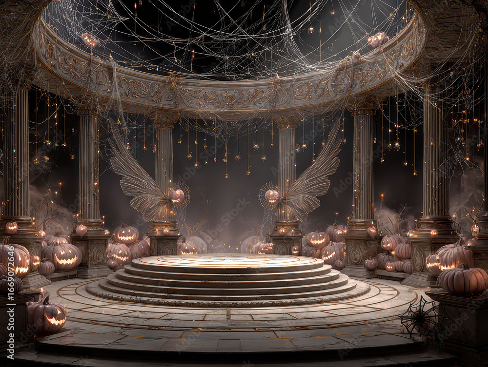 Poster large, circular stage with multiple tiers in a grand hall with classical architecture jack-o-lantern