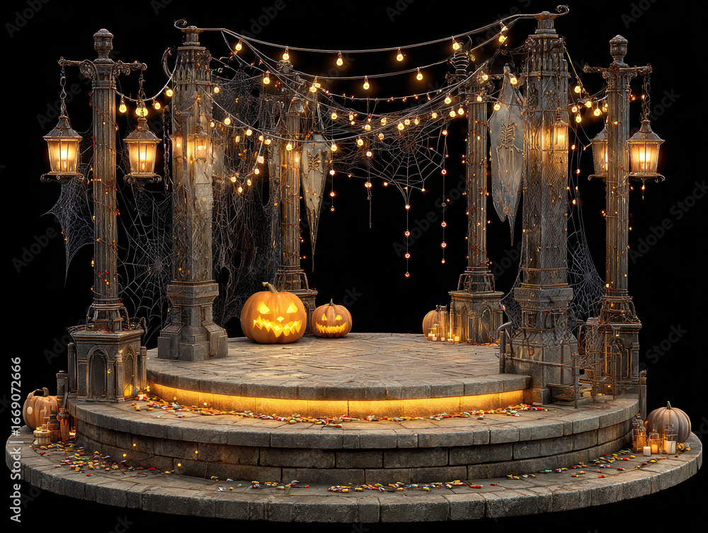 Poster a halloween-themed product display stand with a roman ruins backdrop, featuring cobweb-adorned colum
