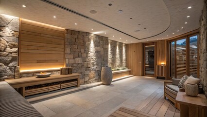 Obraz premium A harmonious living area showcases stone walls and wooden accents illuminated by soft lighting to create an inviting and tranquil environment for relaxation