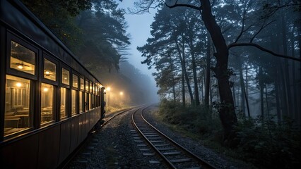 Fototapeta premium A tranquil train moves slowly along winding tracks through a dense forest at night surrounded by mist and dimly lit by warm inviting lights