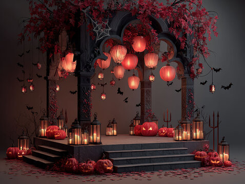 Halloween themed product display stand with a gazebo, wrought ironwork, red flowers, skulls, bats, lanterns, jack-o-lanterns, candles, fallen leaves, gray tiled floor, digital artwork - AI-Generated