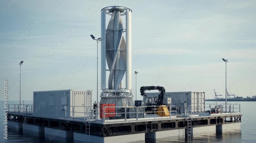 Poster verticalaxis windturbine nacelle integrated on a modular dock with containerized storage and mainten
