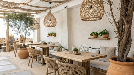 Cozy cafe environment showcases neutral tones and natural elements with inviting seating green plants and rustic decor ideal for casual gatherings or work