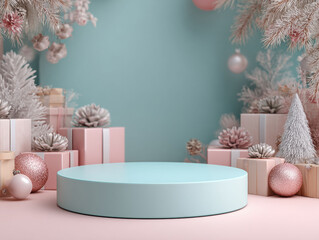 Festive 3D product display stand on light blue surface, adorned with wrapped gifts, decorative items like Christmas ornaments and a white fir tree branch Soft lighting, blurred backgro - AI-Generated