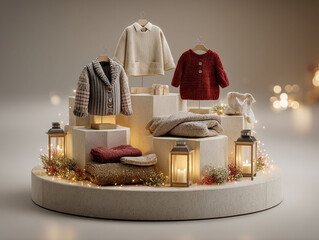 A symmetrical 3D podium display of clothing for New YearChristmas, featuring mens shirts, womens sweaters, and colorful items possibly childrens clothes or accessories Indoor - AI-Generated