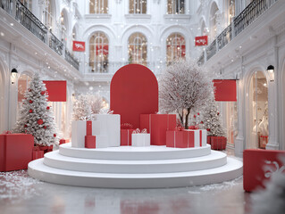 Central, empty 3D podium in a large atrium-like setting, possibly a department store during Christmas The scene features a vibrant holiday display with a central focus on stacked red a - AI-Generated