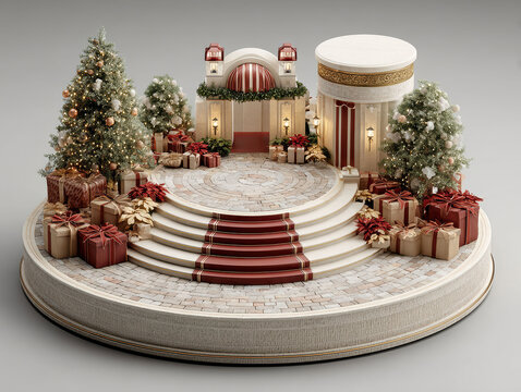3D podium displaying a miniature ChristmasNew Year scene with gazebo, holly, presents, Christmas trees, red carpet, audience area, and warm colors - AI-Generated