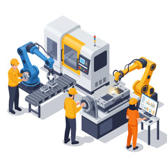 Fototapeta premium Engineers collaborate with advanced robotic arms and CNC machines in a modern smart factory, illustrating automated industrial manufacturing processes and technological innovation