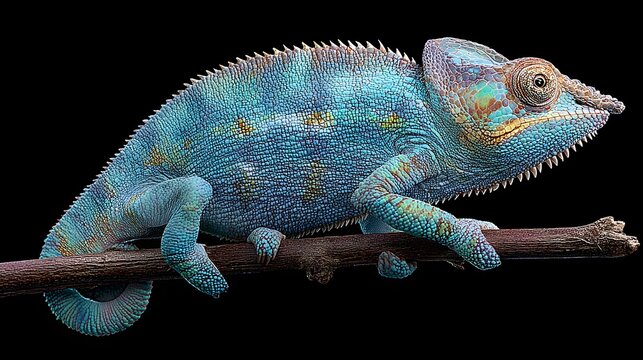 A vibrantly colored chameleon, with a rich blue and teal pattern, clings to a dark branch against a black backdrop. - Powered by Adobe