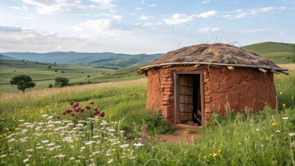 An old soil house stands in a peaceful landscape with rolling hills vibrant wildflowers and grassy fields under a clear blue sky during daylight hours