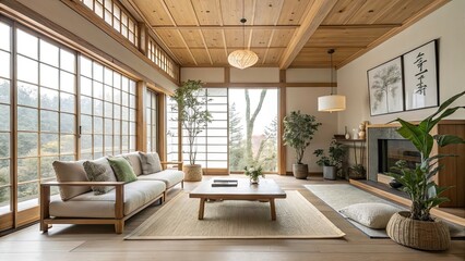 This modern living room offers a tranquil atmosphere with natural wood art abundant plants and large windows providing a view of nature outside