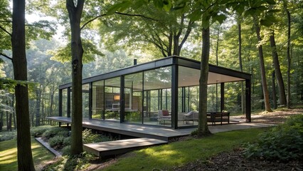 Sleek glass house surrounded by lush green trees showcases contemporary design blending seamlessly into the forest environment and inviting tranquility