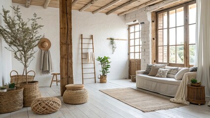 Interior studio showcases a cozy couch adorned with cushions natural plants and earthy textures creating a warm and inviting atmosphere in a bright space