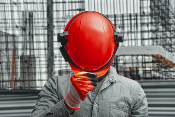 Construction worker wearing orange hard hat with headlamp and protective gloves at building site....