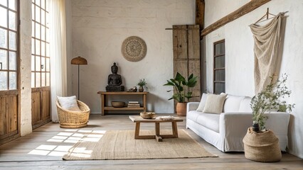 Natural light floods a minimalist studio interior showcasing a white sofa wooden furniture indoor plants and calming art pieces creating a serene atmosphere
