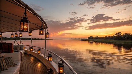 Enjoy a tranquil sunset cruise across a still lake with cozy lanterns lighting the way as vibrant colors fill the sky during dusk