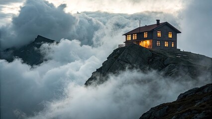 A cloudy mountain peak supports a surreal house illuminated by warm light surrounded by swirling clouds and showcasing the calming beauty of twilight