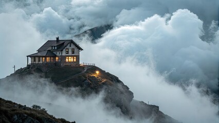 A surreal house stands on a mountain peak illuminated from within surrounded by thick clouds in twilight creating an enchanting and mysterious atmosphere